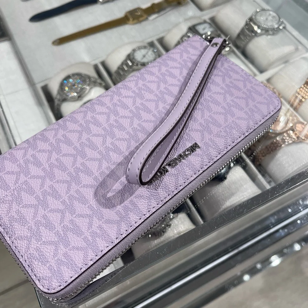 MICHAEL KORS Jet Set Large Signature Logo Continental Wallet Wristlet Lt Quartz